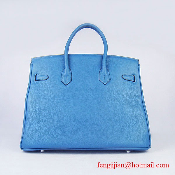 Hermes 35cm Embossed Veins Leather Bag Bule 6089 Silver Hardware Hermes 35cm Embossed Veins Leather Bag Bule 6089 Silver Hardware
